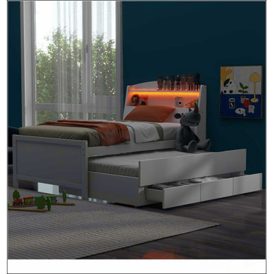 Lit plateforme avec tête de lit à DEL avec rangement, lit gigogne simple et 3 tiroirs