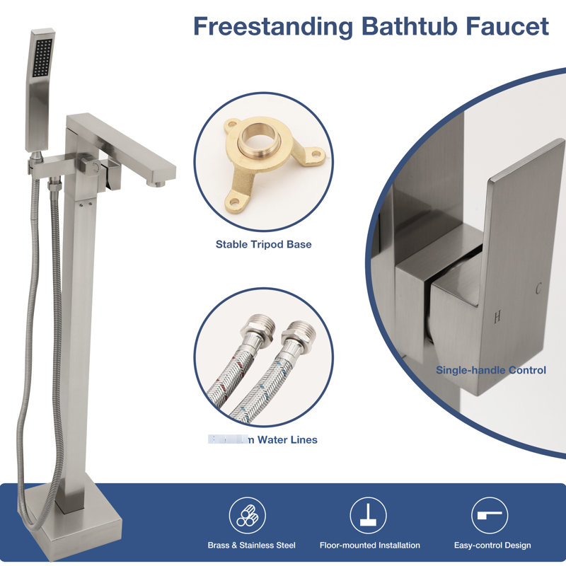 Floor Mounted Tub Filler Faucet In Brushed Nickel, Solid Copper Core, Precision Ceramic Disc Valves, 360 + 90 Spout Movement, - Splash Design Bathroom High Grade Brass, Water Mixing, Rotation, Easy