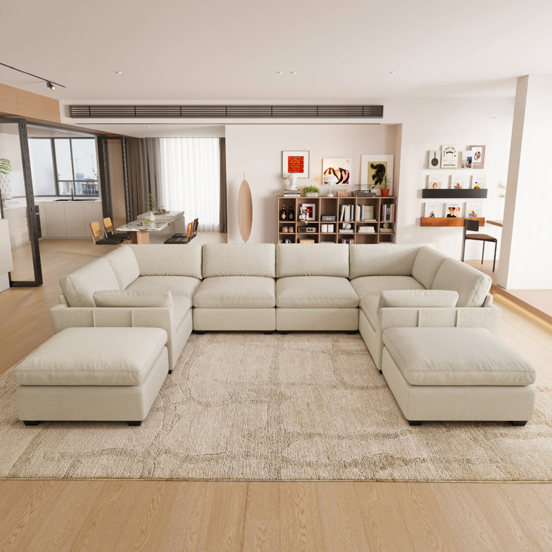Canapé 4 places en chenille imperméable en forme de U avec doubles sièges d'angle et doubles poufs, Chenille beige