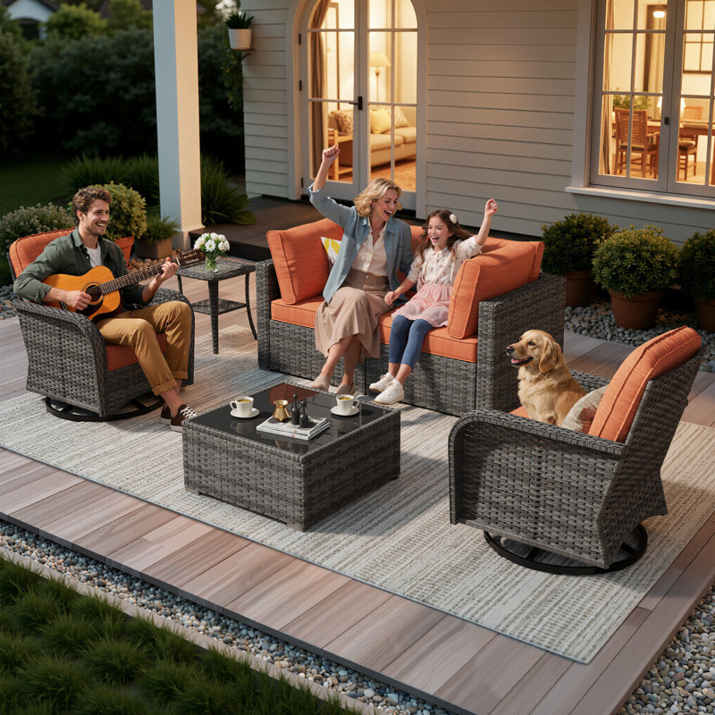 4 - Person Patio Conversation Set with Cushions, Orange Red, No