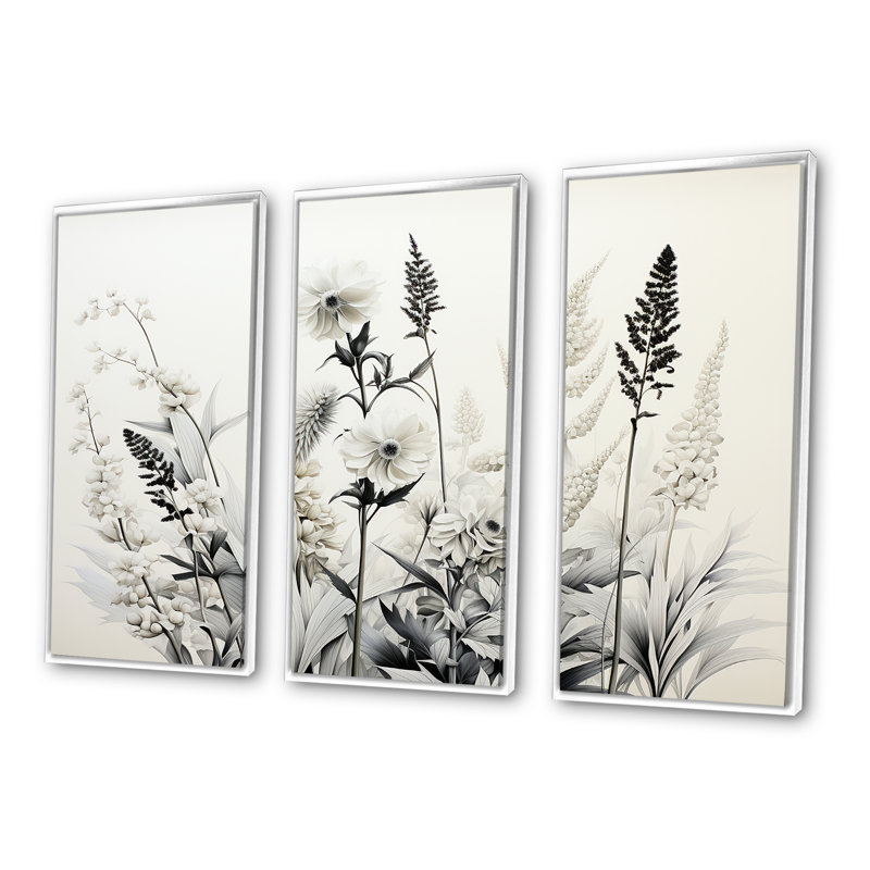 «Gray and White Herbs Minimal Harmony II - Floral Herbs», ensemble d'art sur toile, Cadre flottant blanc