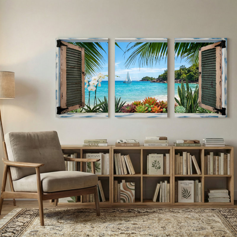Paysage et nature, plage tropicale, vue à travers des volets, H 24 po x l 48 po