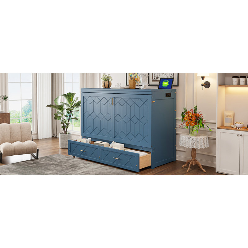 Grand lit escamotable mural avec tiroir et un ensemble de prises et de ports USB, bleu marine, Navy