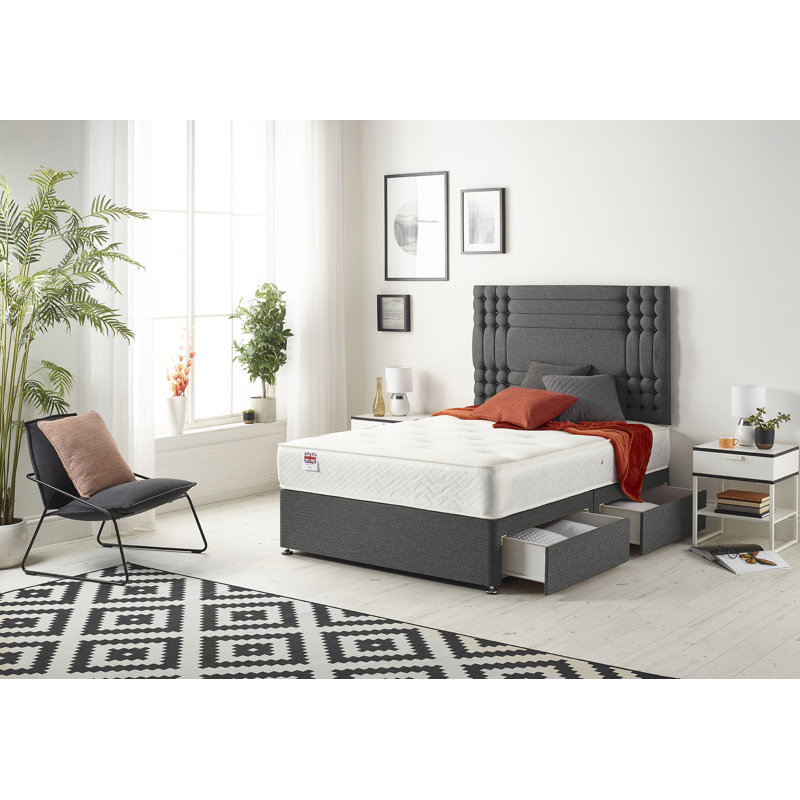 Dennishia Tweed Fabric Divan Bed with Mattress No Headboard, Super King (6'), Charcoal, 2 Drawers