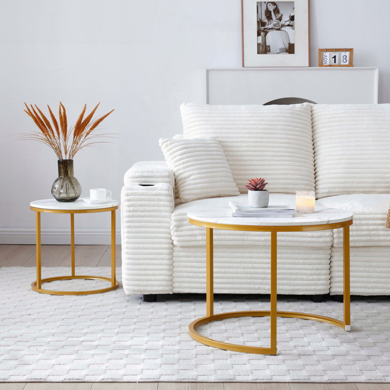 Ensemble de 2 tables basses gigognes rondes avec motif en marbre et cadre doré, Blanc / Gris, Marbre