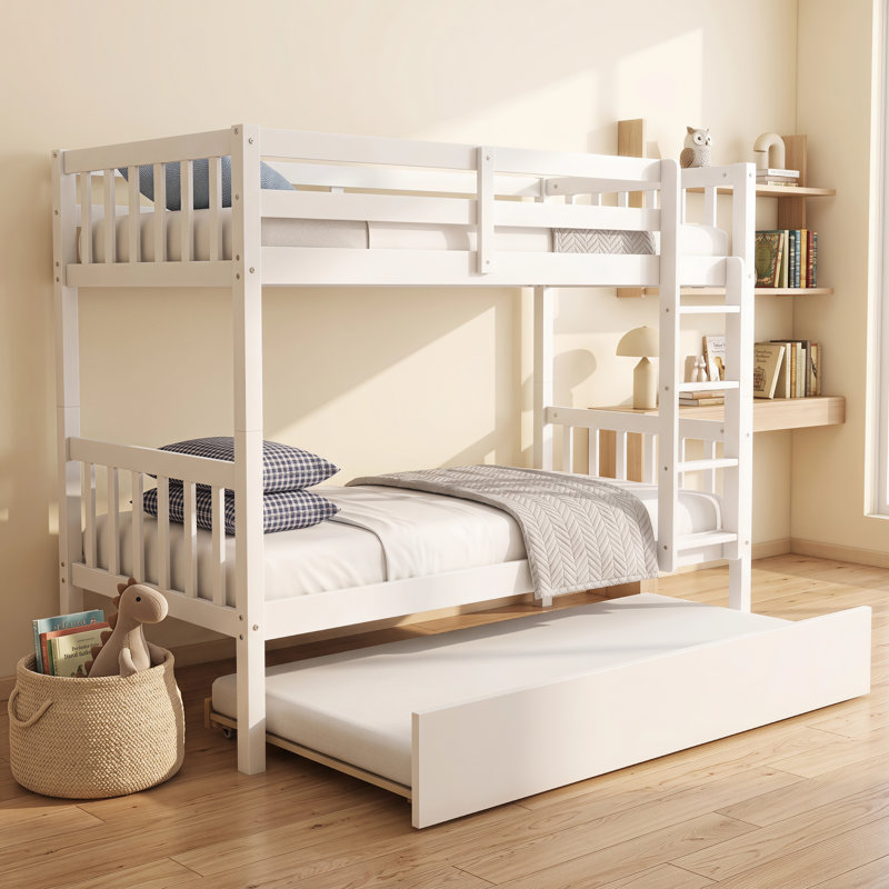 Lits simples superposés en bois d'hévéa avec lit gigogne, lits simples convertibles avec échelle et garde-corps, Blanc