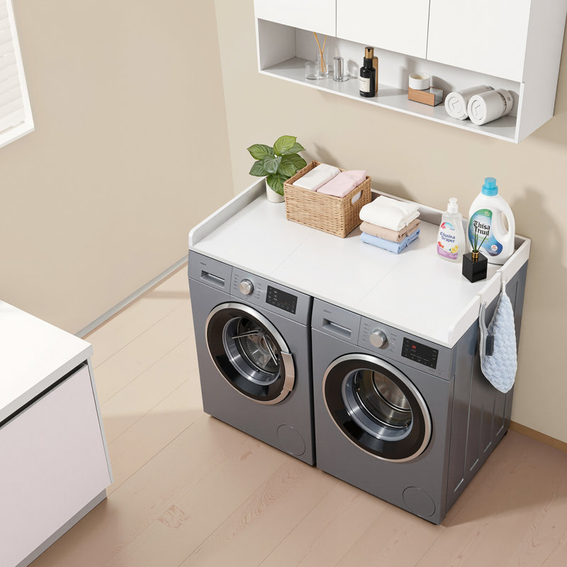Washer Dryer Countertop, 54 x 27.5 in Wooden Washer and Dryer Topper with Edge & 2 Hooks, Water-Resistant Laundry Machine Topper for Laundry Closet Pantry Counter Organization and Storage, White