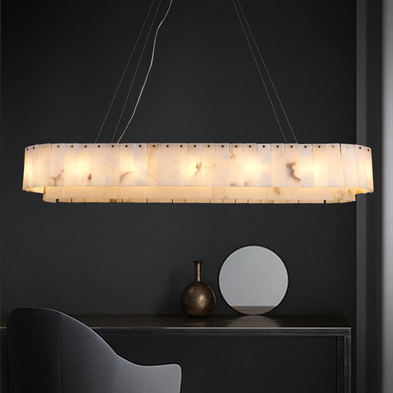 Lustre 14 lumières pour îlot de cuisine carré / rectangulaire avec abat-jour albâtre Lakiaya
