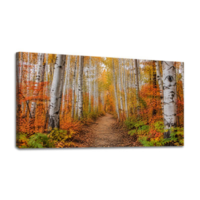Toile, art mural, bouleau, forêt, feuilles dorées, feuillage d'automne, sentier naturel, décoration murale pour le salon, la salle de bain, la chambre à coucher, le bureau, H 24 po x l 48 po, prêt à accrocher
