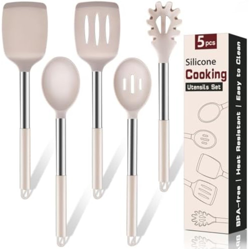 Ensemble de 5 ustensiles de cuisine en silicone résistant à la chaleur, comprenant une spatule pleine et ajourée, une cuillère et une pelle à pâtes. Parfait pour retourner les aliments dans les poêles antiadhésives. Couleur : kaki.
