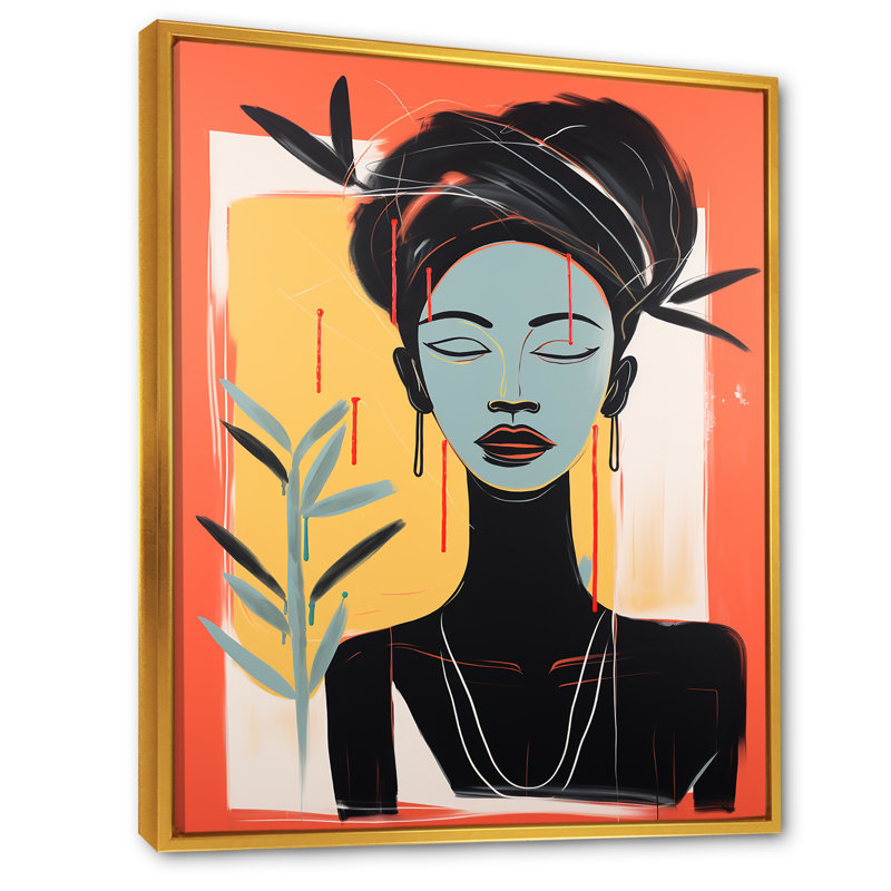 "Portrait d'art africain traditionnel noir et rose II", H 44 po x l 34 po x P 1,5 po, Cadre flottant doré