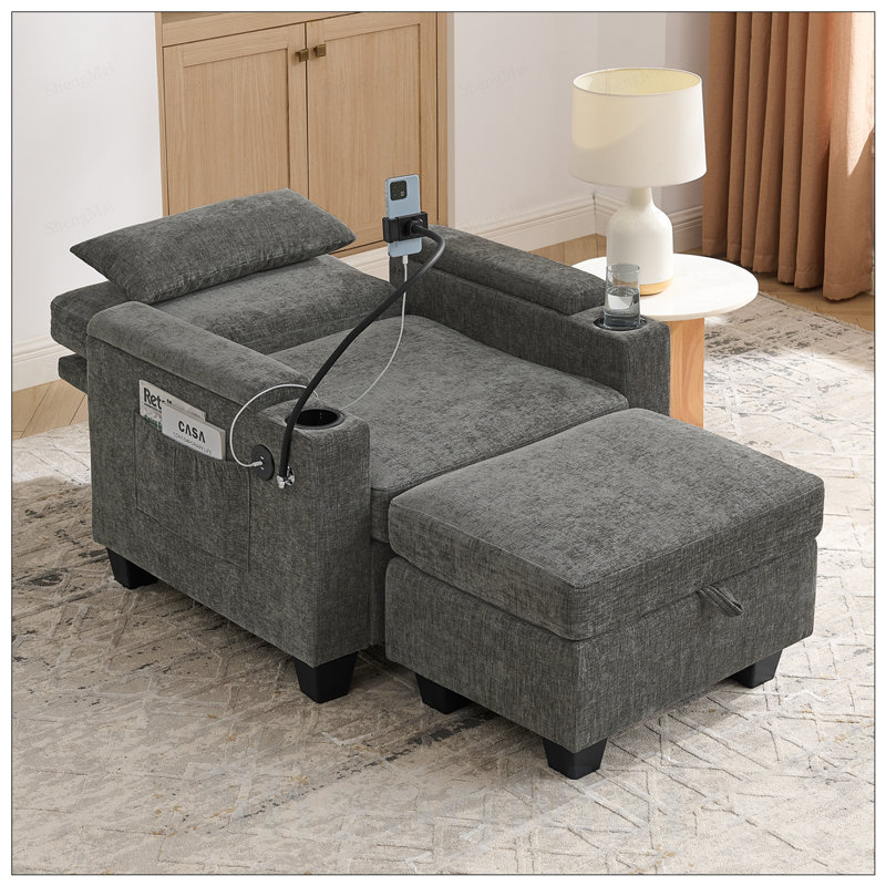 Canapé inclinable simple avec dossier réglable, charge USB, support pour téléphone, rangement pour accoudoirs et repose-pieds assorti