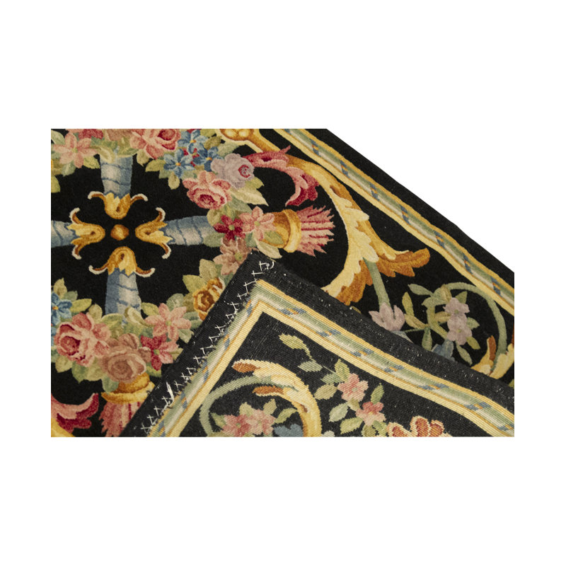 Tapis noir, rose et bleu noué à la main de haute qualité