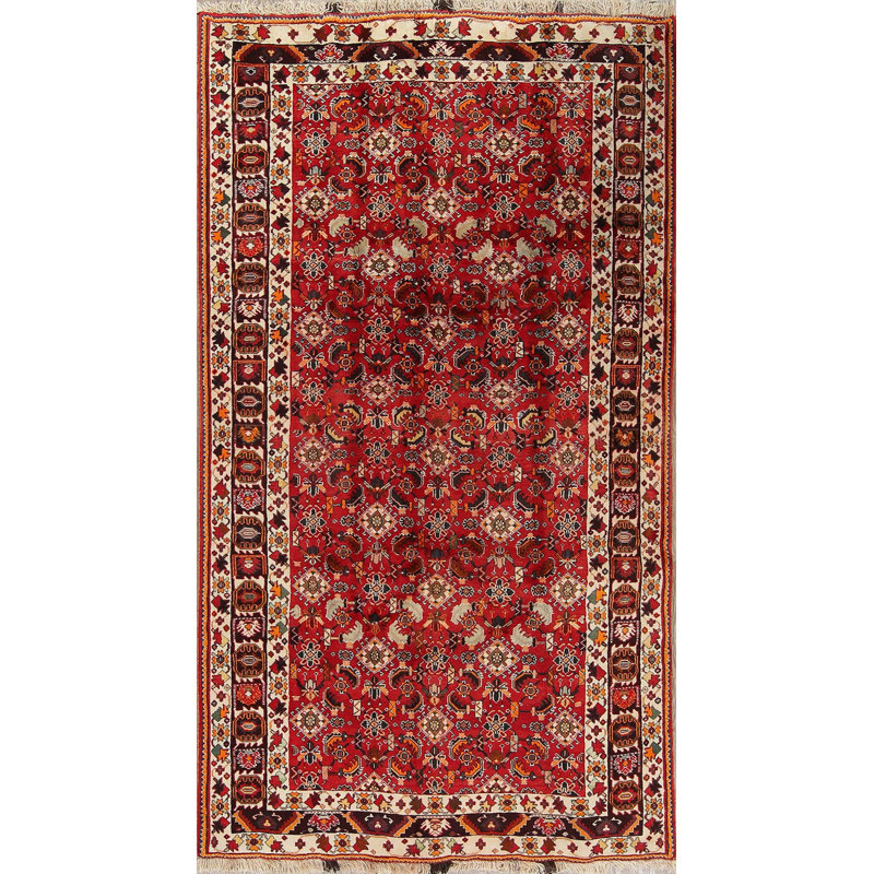 Tapis unique en laine noué à la main 4 pi 11 po x 8 pi 11 po rouge des années 1970 Ninamarie