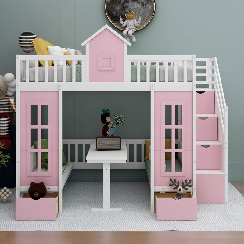 Lit superposé avec tiroirs Roseanna Kids, Rose, Double sur double