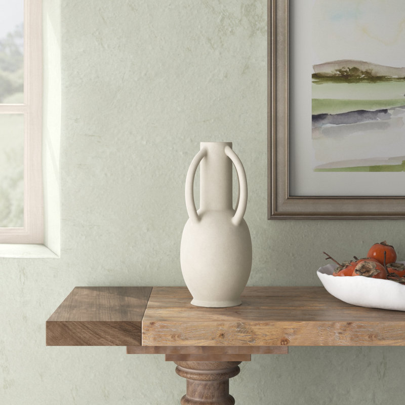 Ceramic Textured Decorative Vase with 4 Handles, 13.95" H x 13.95" W x 13.95" D, Cream