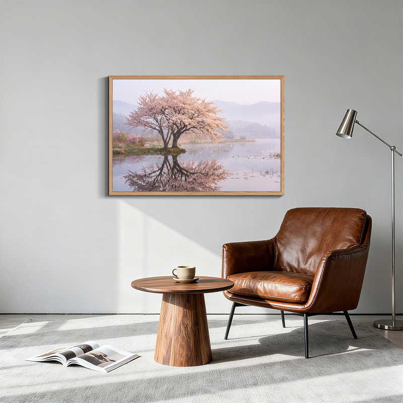 Art mural sur toile de cerisier rose reflété dans un lac brumeux, H 24 po x l 36 po