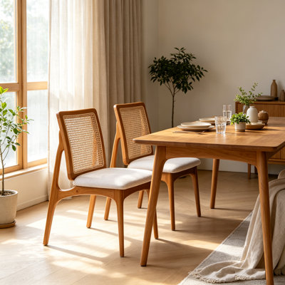 Ensemble de 2 chaises de salle à manger en rotin de style Mid-Century moderne, chaises d'appoint en bois d'hévéa avec dossier en rotin naturel
