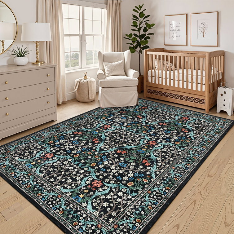 Vintage Floral Area Rug Washable Rugs Stain Resistant Easy Cleaning Indoor Carpet With Non-Slip Backing Low Pile Floor Cover Non Shedding Folding Throw Carpet For Home Decor