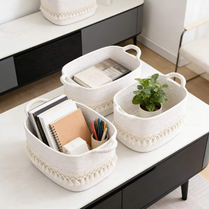 Cotton Rope Storage Baskets With Tassel, 3-Pack Woven Organizer Bins For Shelves, Heavy-Duty Decorative Storage For Home Organization, Laundry, Toys, And Clutter