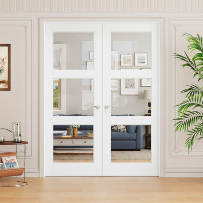 Interior 3-Lite Clear Glass Door, CARB P2 MDF & SGCC Tempered Glass French Doors, Satin Nickel Hardware-Privacy Door Lever with Lock, Latch & Hinges, Pre‑Finished & Waterproof, Pantry, Bedroom, Bathroom & Closet, Easy DIY Stain, 56"x 80"
