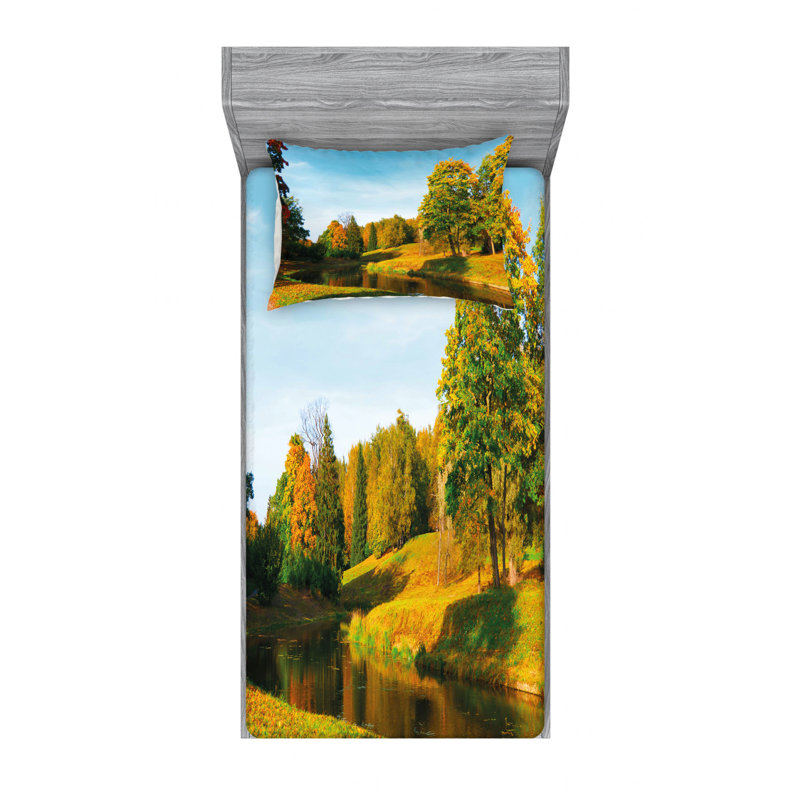 Ensemble de draps en bois naturel avec arbres et river de décor, Ensemble de draps pour lit simple TG avec drap-hou