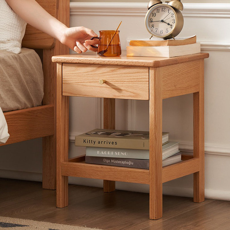Nightstand, Solid Oak Wood Night Stand with Drawer and Open Shelf, Modern Bedside Table with Brass Handle and Wooden Sliding Rail, Small Side Table for Bedroom, Living Room