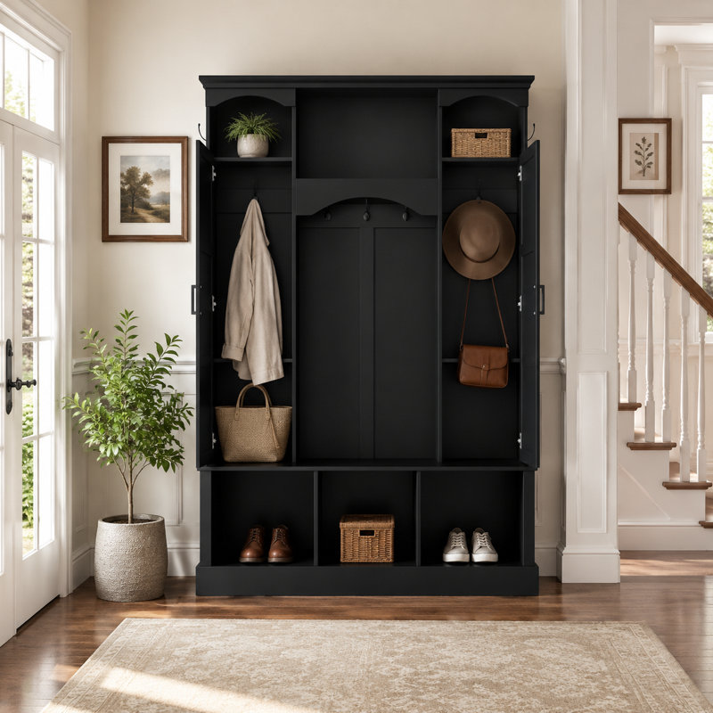 Elegant Entryway Integrated Storage Coat Rack — Black Arched Farmhouse Storage Bench With Side Cabinets, Adjustable Shelves, And 7-Hook Design