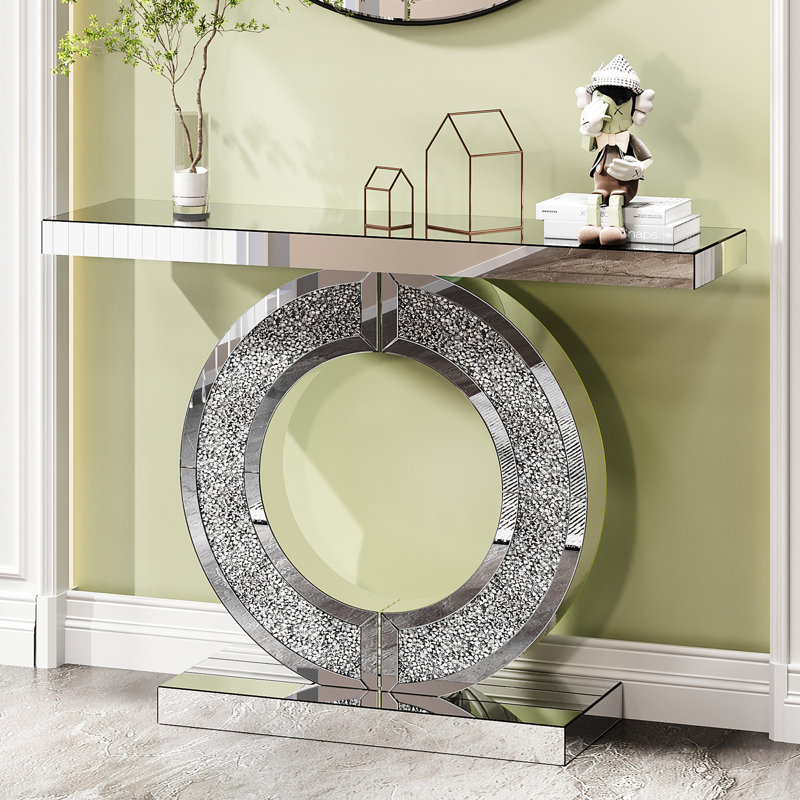 Console moderne en forme de O, objets artisanaux en cristal pour chambre à coucher, miroir argenté, double base, bords polis à la main, finition brillante, montage facile, profondeur 106 cm, largeur 30 cm, hauteur 81 cm, poids 17 kg