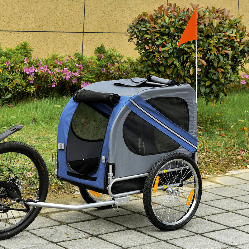 Remorque de bicyclette pour chien - structure solide, ventilation, wagon bleu / gris protégé, drapeau,