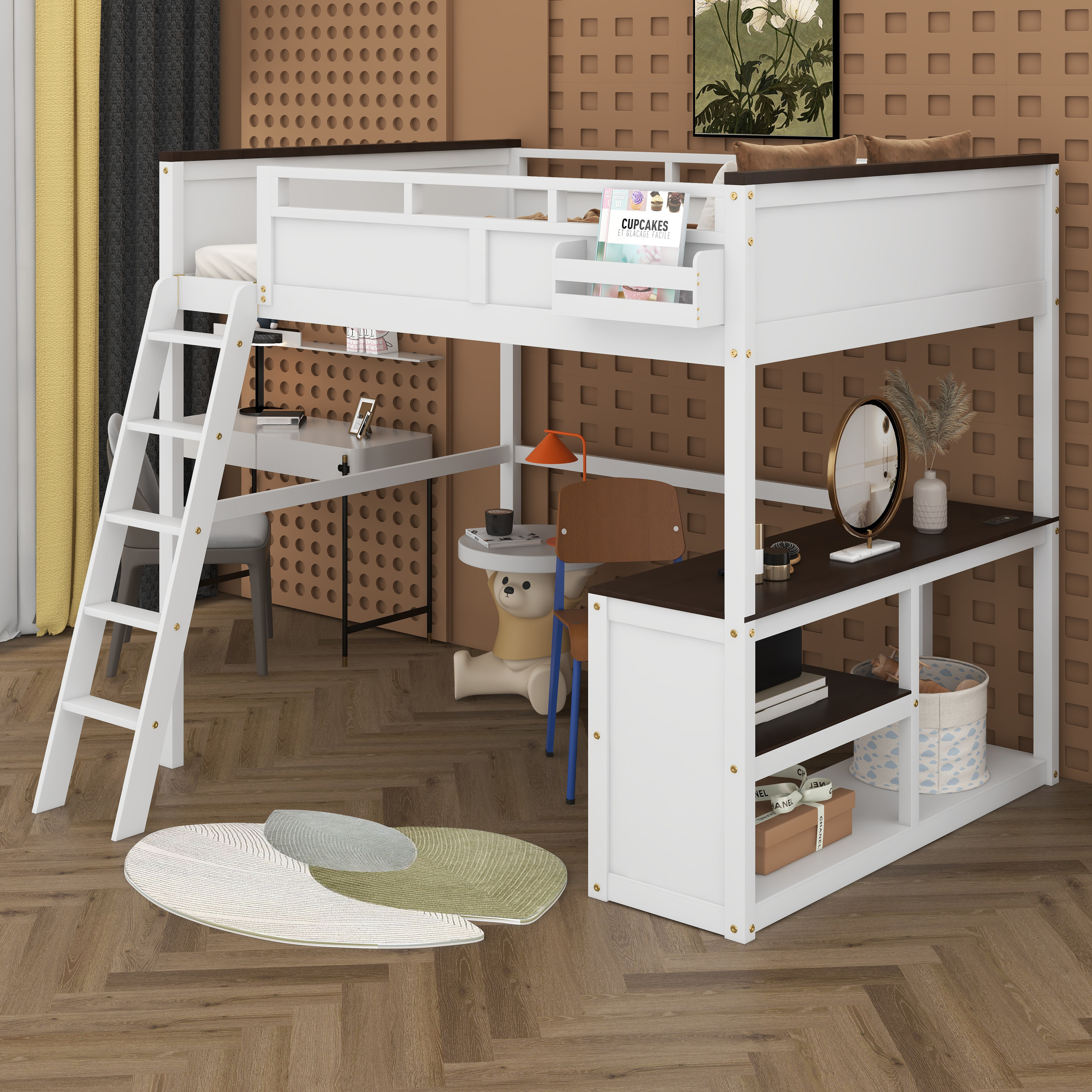 Harriet Bee Queen Size Loft Bed With Built-In Desk, Storage Box, Open ...