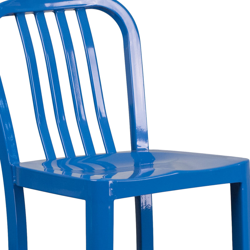 Commercial Grade Metal Indoor-Outdoor Stool with Vertical Slat Back, Blue, Bar Stool (76cm Seat Height)