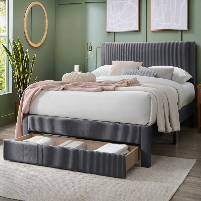 Lit double, tiroir de rangement avec texture velours côtelé gris anthracite