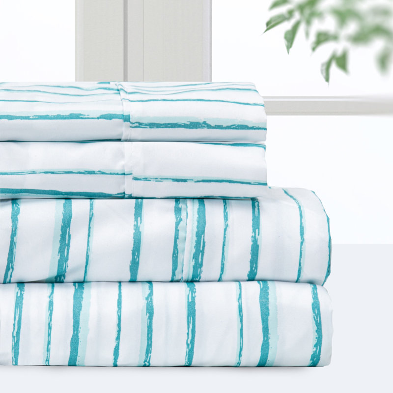 Ensemble de draps Pointehaven, 1 microfibre de polyester, poches profondes, doux, Lit simple, Rayures marines