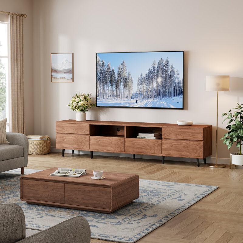 Modern TV Stand With Drawers & Open Shelves – Walnut Finish