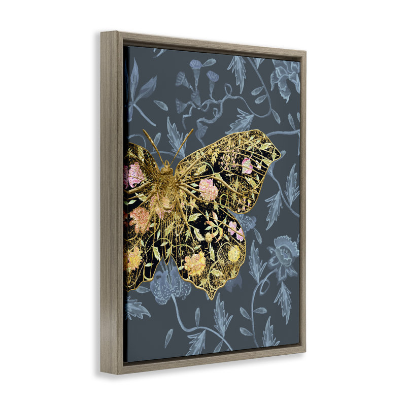 «Blue and Gold Butterfly» par Melissa Wang, Cadre flottant noir de jais, H 31 po x l 25 po
