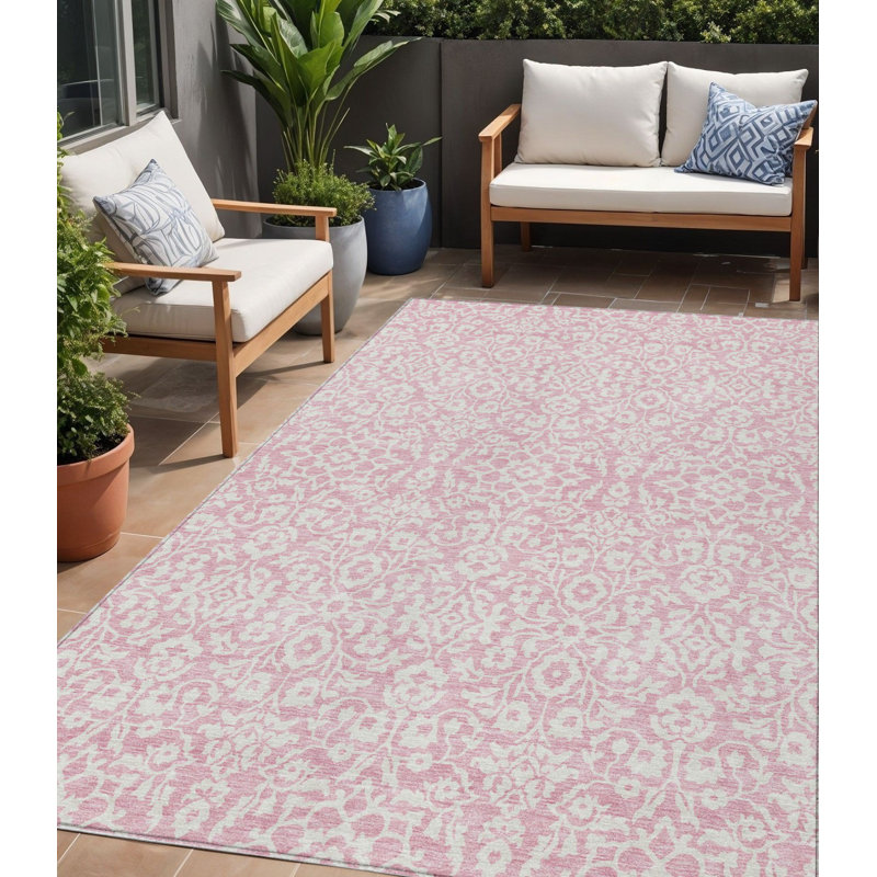 Tapis intérieur lavable damassé rose et ivoire 5 pi x 8 pi