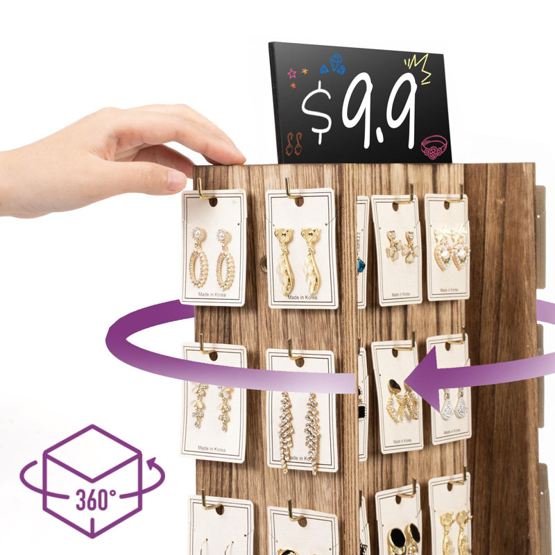 Carbonized Brown Rotating Wooden Earring Display Stand with Hooks