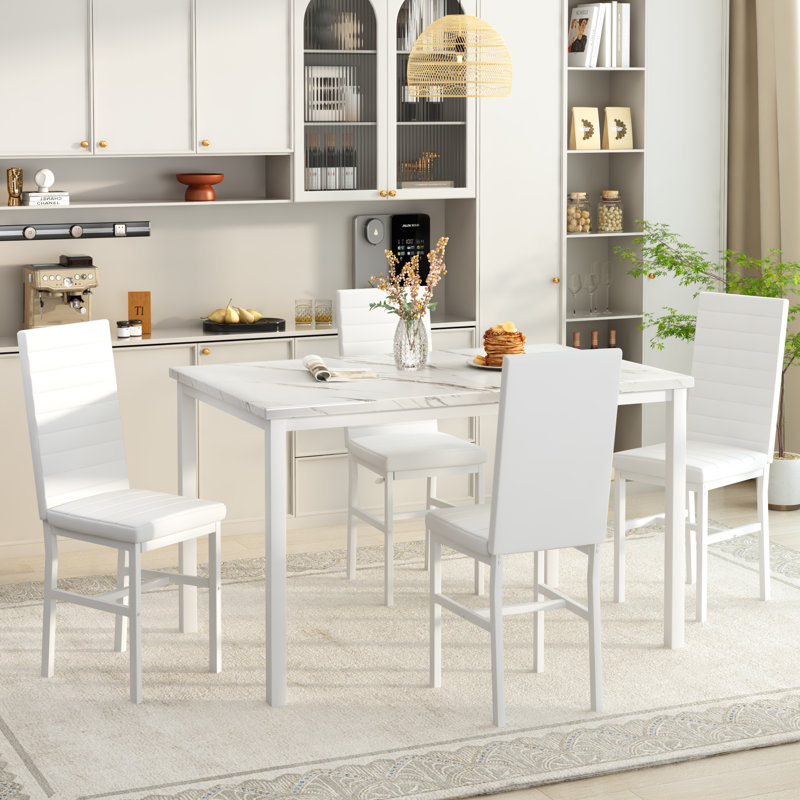 4 - Person Faux Marble Top Four Leg Dining Set, White, White