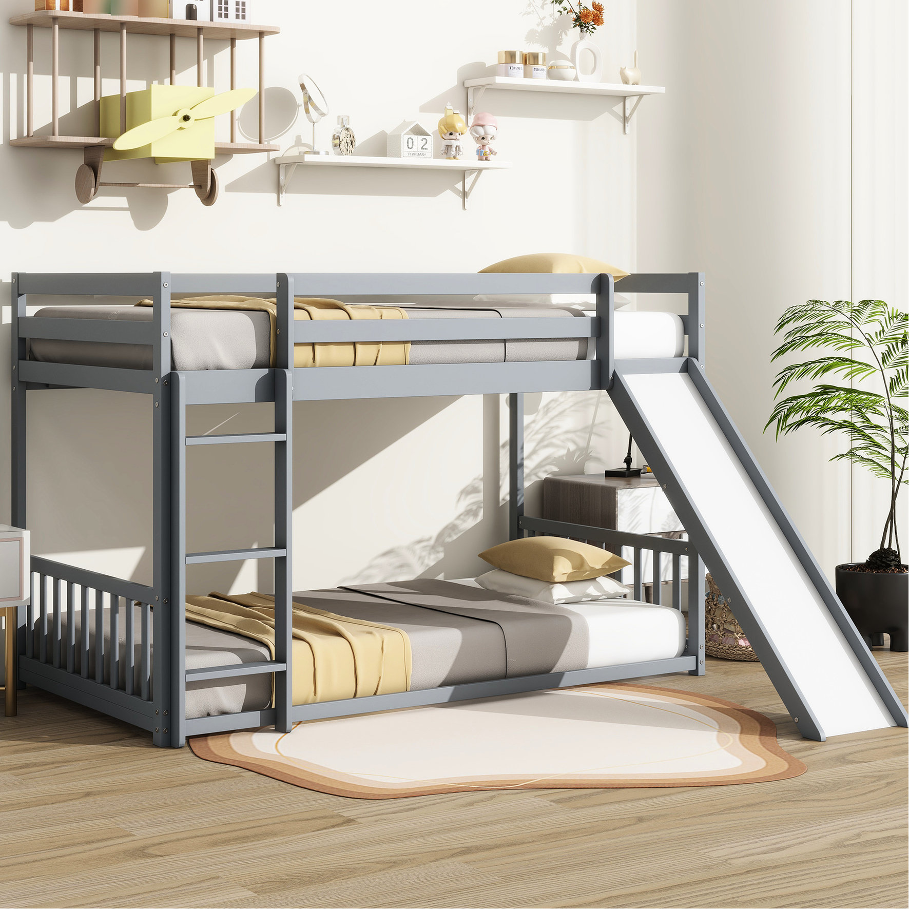 Harriet Bee Twin Over Floor Bunk Bed With Slide - Grey Solid Pine For ...