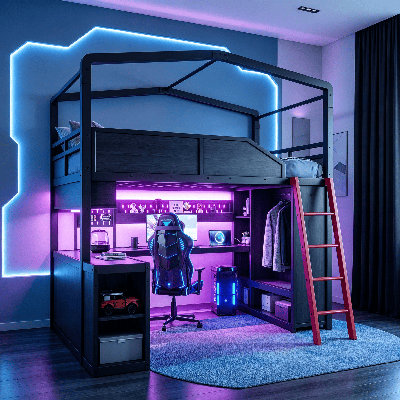 Lit mezzanine en métal, lit mezzanine de jeu avec bureau, armoire de rangement et éclairage DEL, cadre de lit mezzanine en métal avec ports USB, lit mezzanine multifonction pour chambre ou dortoir, noir