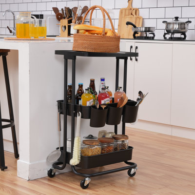3-Tier Utility Rolling Cart with Wheels & 3 Hanging Baskets