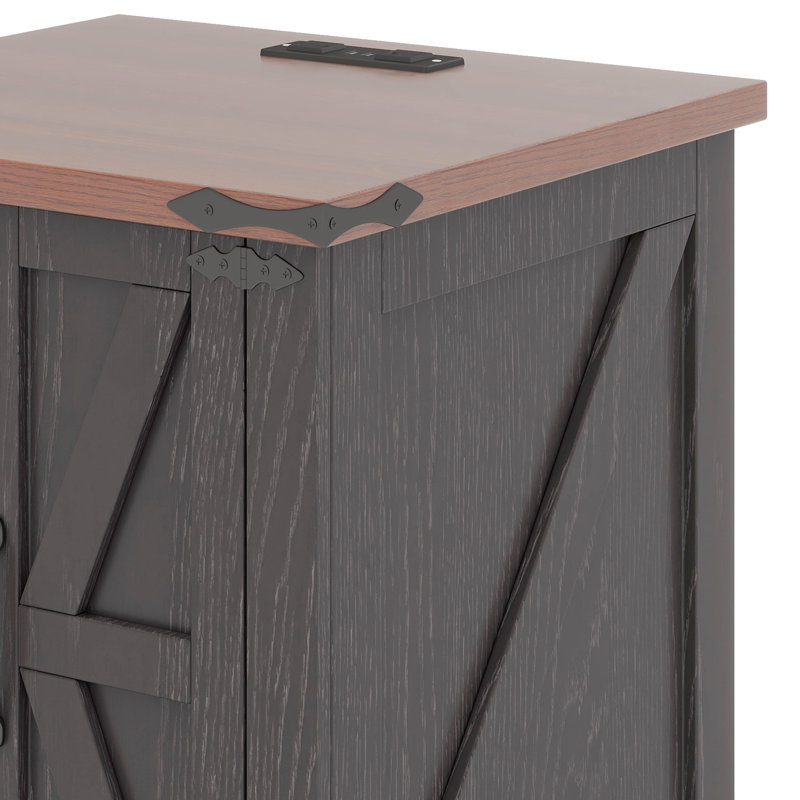 Table de bout Farmhouse avec station de charge, table de chevet en bois rustique avec tablette réglable, Gris