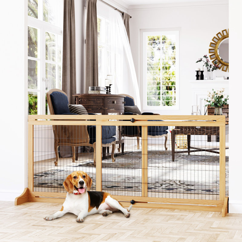 Natural Wooden Retractable Freestanding Pet Gate for Doorways
