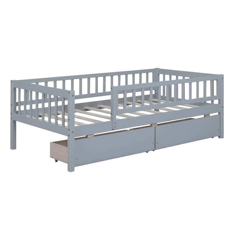 Kallel Daybed with Two Drawers and Guardrails, Gray, Twin