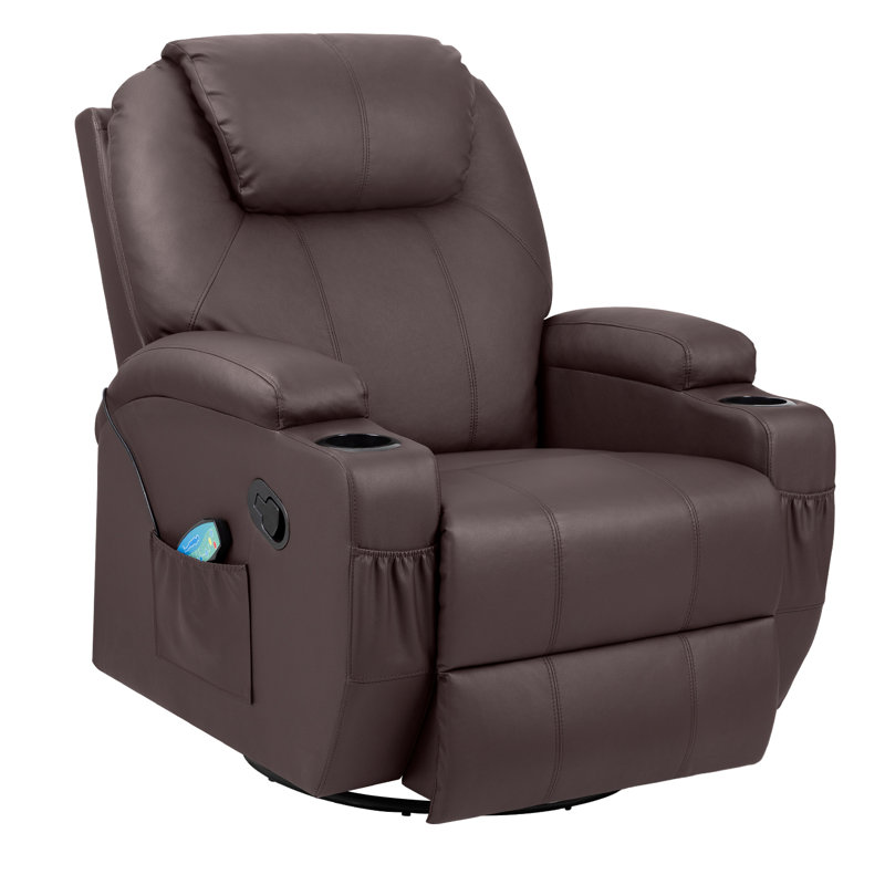 Basia 32.5" Wide Leather Adjustable Recliner with Massager，360° Rotatable, Brown Faux Leather
