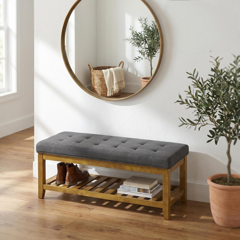 Repose-pieds capitonné rectangulaire en bois massif 44,5 po avec tablette de rangement - gris foncé, 44,5 po x 18 po x 16 po
