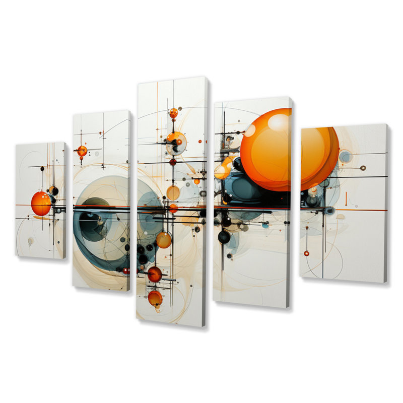 «Teal Orange Line Art Conceptual Abstractions II», reproduction d'art murale moderne - 5 panneaux