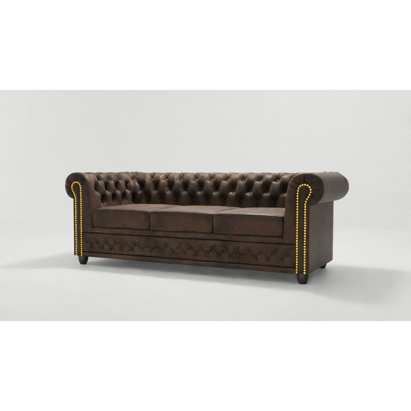 Chesterfield Friedrich 3 Seater Sofa with Sleeping Function Made of Vintage Look Microfibre with Solid Wood Legs, Dark Brown