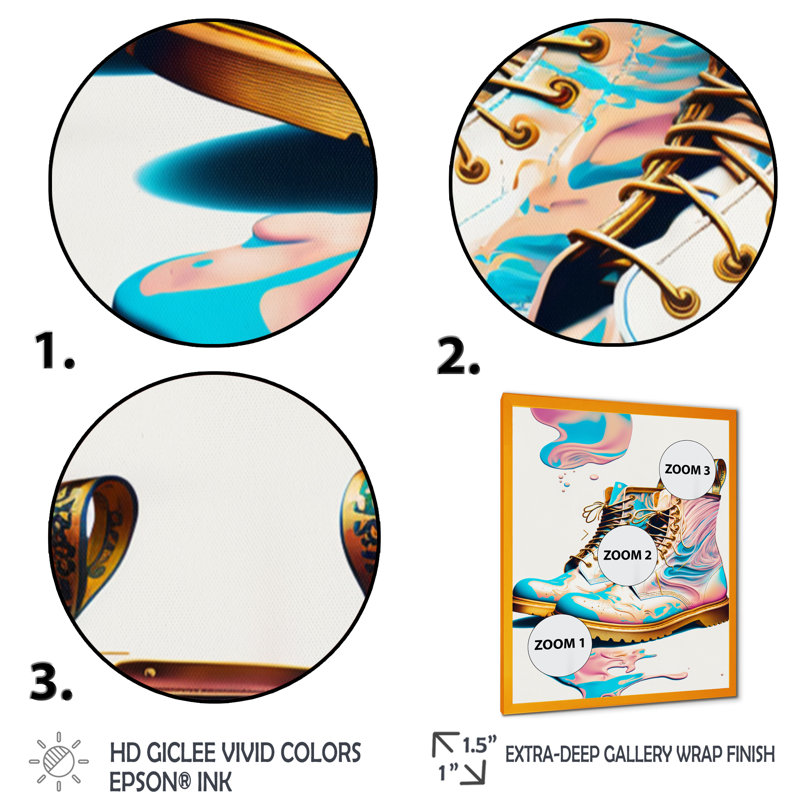 «Rose and Blue Art Deco Army Shoes I», peinture sur toile, H 32 po x l 16 po x P 1 po, Impression dorée sur toile encadrée